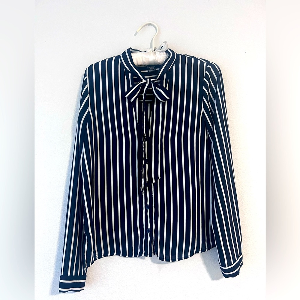 || STRIPPED work BLOUSE || FRONT NECK BOW || DARK NAVY AND WHITE ||